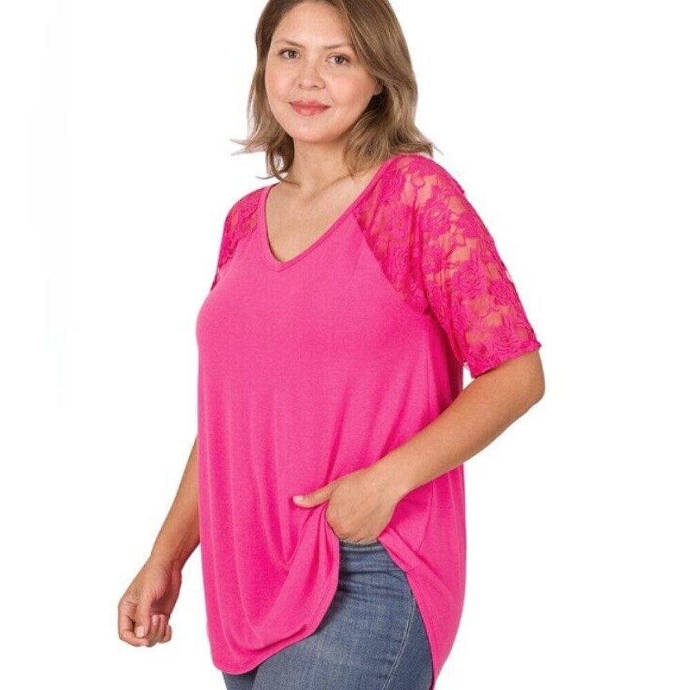 Zenana Women's V-Neck Lace 3/4 Sleeve Round Hem Blouse Top Tunic S-3X Fucshia